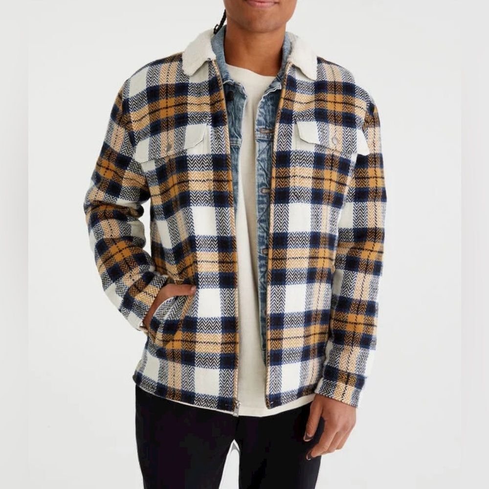 Men's Plaid Full-Zip Jacket Size XL Sherpa Lined Herringbone Cotton Shacket